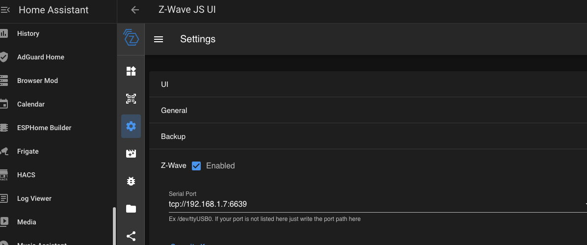 Z-Wave JS UI Serial Port Configuration