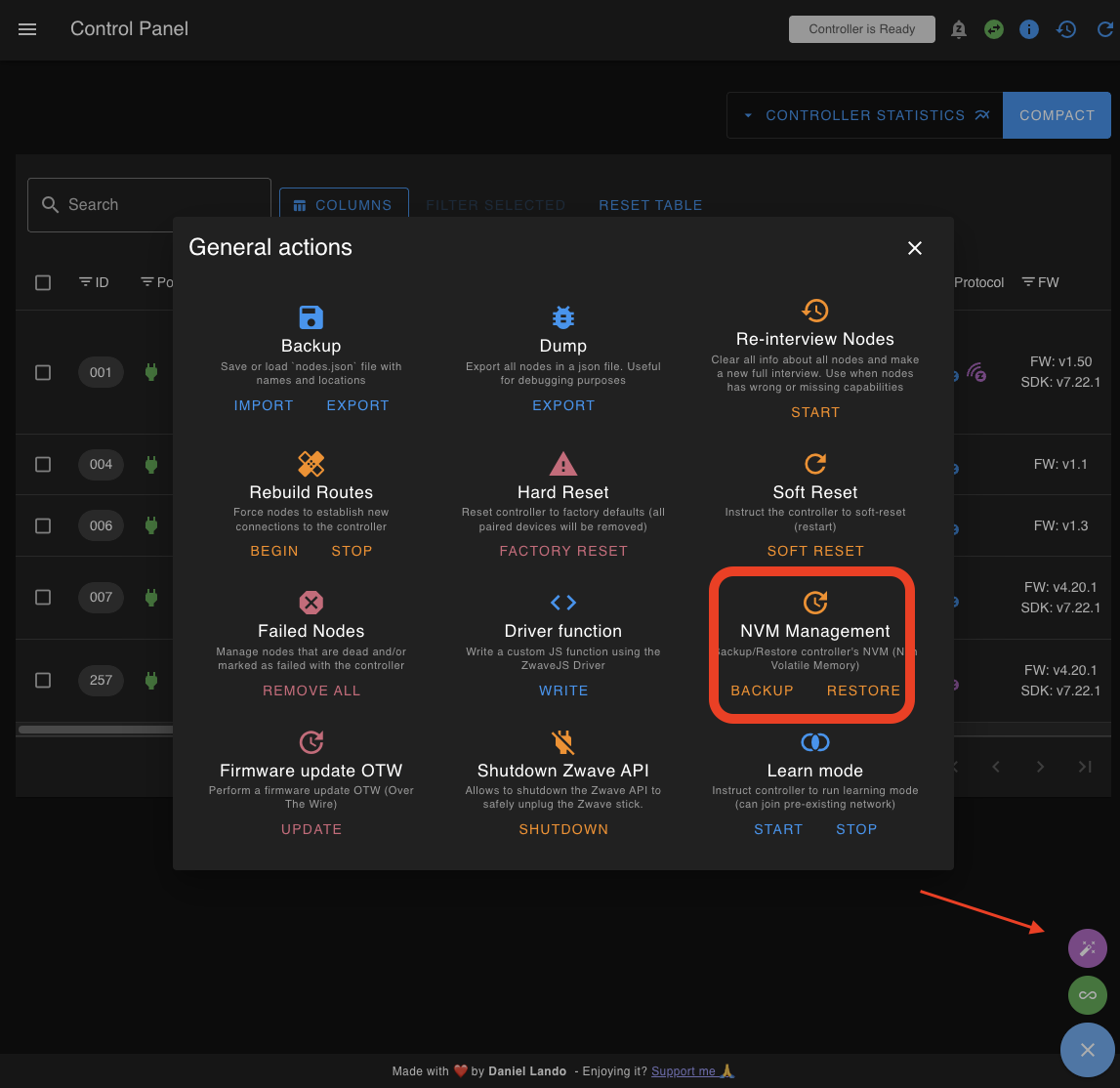 Z-Wave JS UI NVM Management dialog